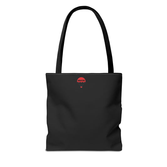 Black Minimalist Tote Bag with Small Pink Flame & Red Icon – Stylish Everyday Carry